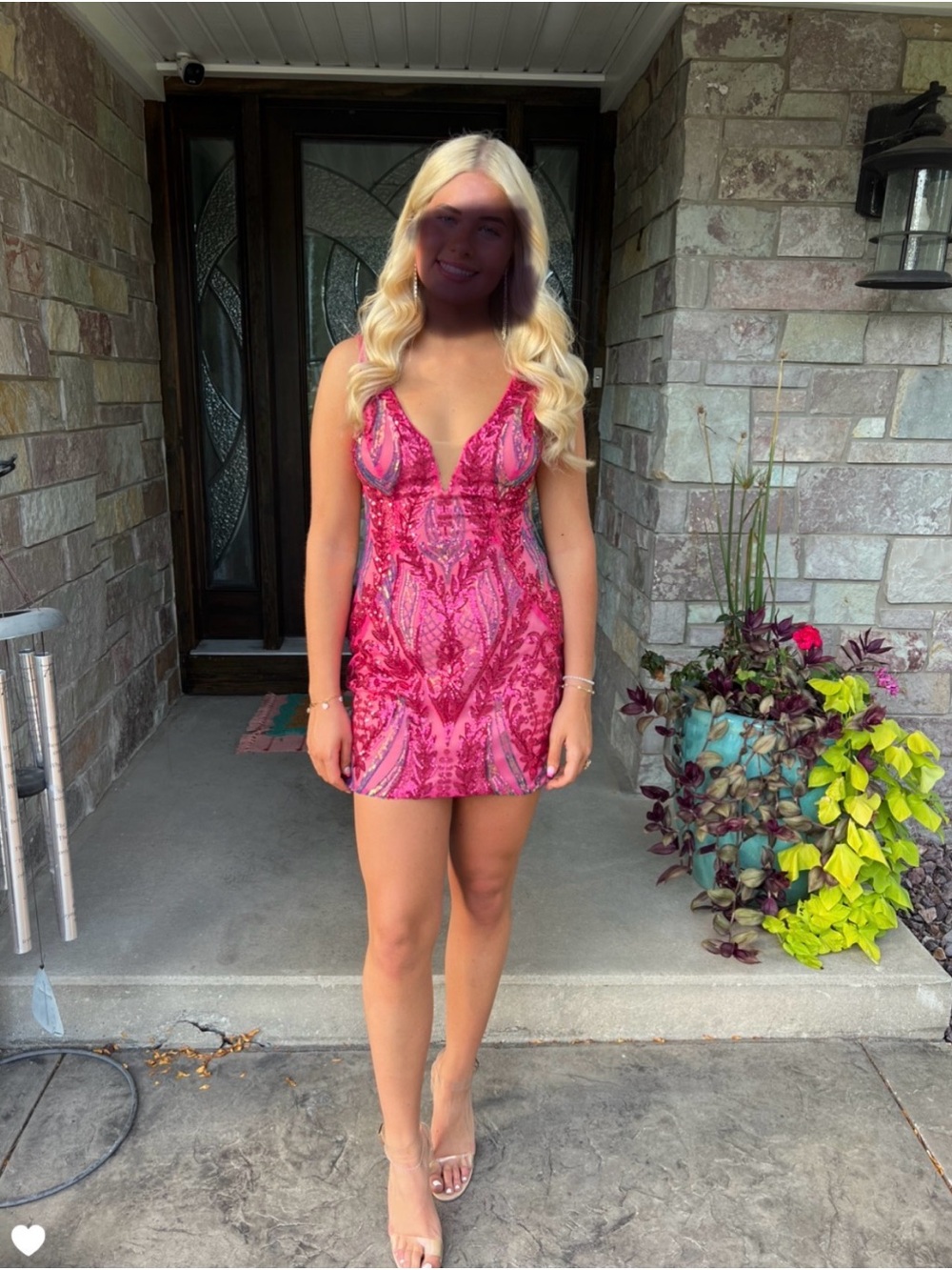 Jovani Hot Pink Sequin V-Neck Mini Dress